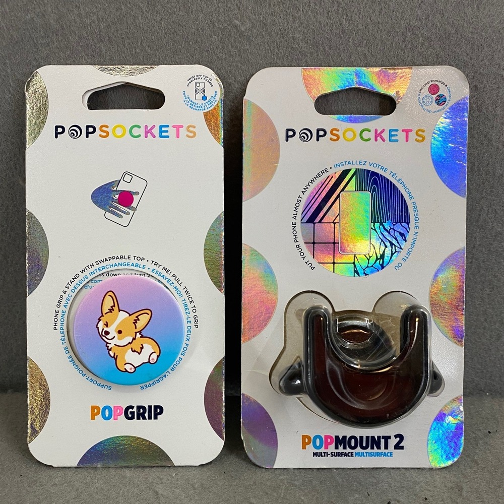 PopSockets PopGrip Winking Corgi & PopMount 2 Multi-Surface Black Bundle NEW